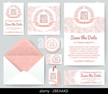 Vintage wedding invitation greeting cards vector template with hand drawn rustic floral elements and flowers. Invitation wedding and save the date with flower illustration Stock Vector