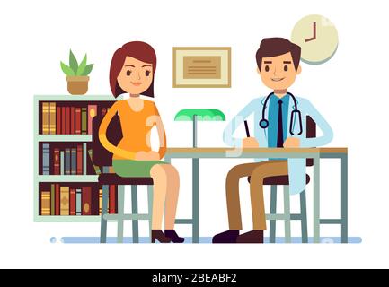 Medical consultation with doctor and young woman patient vector medicine flat concept. Patient woman and young doctor character illustration Stock Vector