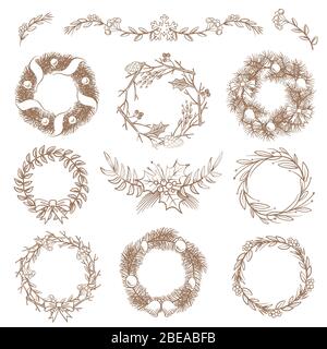 Christmas hand drawn wreaths, border frames with fir branch vector doodle design elements. Illustration of christmas frame wreath Stock Vector