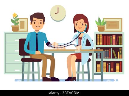 Healthcare and medicine vector concept with doctor checking patients blood pressure. Doctor check pressure patient illustration Stock Vector