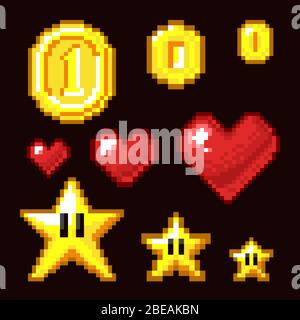 Video game 8 bit assets isolated. Coin, star and heart pixel retro icons in different size. Heart and star, coin pixel game illustration Stock Vector