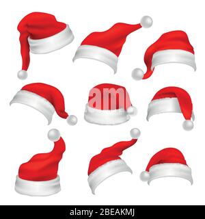 Santa Claus red hats photo booth props. Christmas holiday decoration vector elements. Santa claus xmas hat for photo booth, cap costume illustration Stock Vector