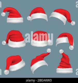 Realistic christmas santa claus red hats isolated vector set. Santa claus cap to xmas holiday celebration illustration Stock Vector