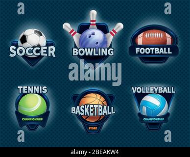 Sports balls vector labels and sport team emblems. Sport ball, championship college and tournament game illustration Stock Vector