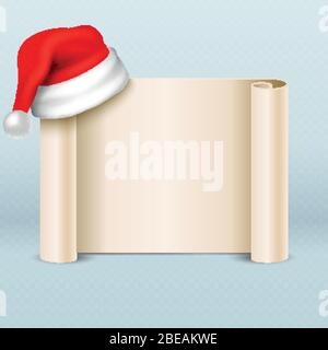 Christmas paper scroll card with santa cap,hat and holly berry. vector ...