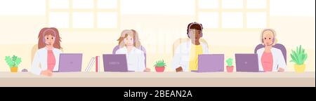 Multiethnic Smiling doctors answer calls. Doctors with headsets, health care cartoon, Call center. Customer support department staff. Coronavirus prevention concept. Vector isolated illustration Stock Vector