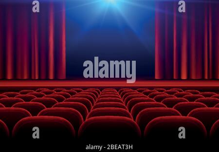 Cinema or theater hall with stage, red curtain and seats vector illustration. Cinema theater and curtain for stage Stock Vector