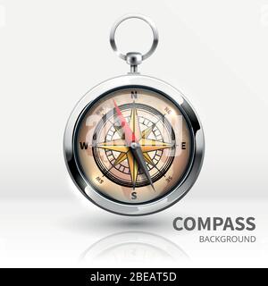 Old realistic vector navigation compass isolated. Illustration of equipment for travel orientation Stock Vector
