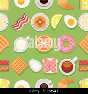 Breakfast seamless texture. Different meals and drinks colored on green background. Vector cartoon style illustration Stock Vector