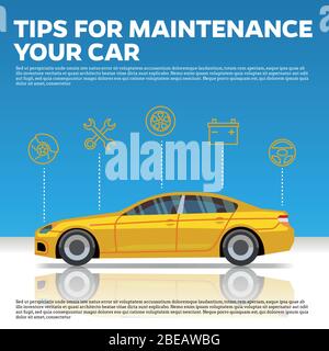 Car mainentance tips vector illustration. Yellow car and line icons on blue background with reflection. Service and repair automobile center Stock Vector