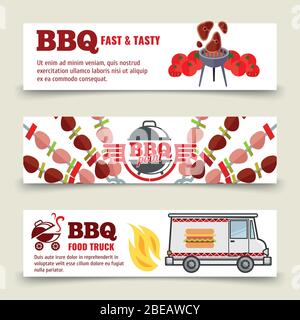 BBQ and steak horizontal banners template. Meat, barbecue and a food truck on a white background. Vector set banner illustration Stock Vector