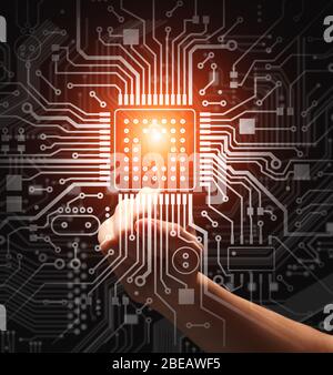 Computer technologies. Unrecognizable woman touching glowing CPU on virtual screen, collage Stock Photo