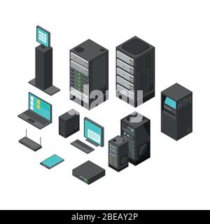 Isometric technology and banking icons. Flat vector illustration. Computer and laptop with system hardware networking Stock Vector