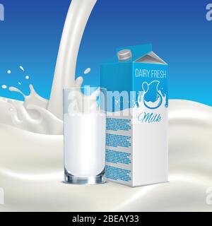 Milk advertising concept. Realistic milk box with cup on blue background. Vector illustration Stock Vector