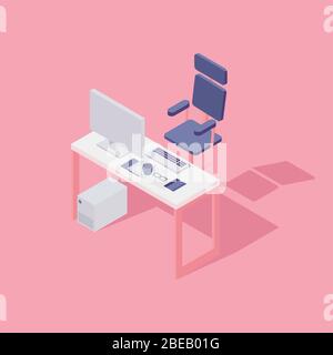 Office workspace. Computer, chair and some gadgets. Flat isometric vector illustration Stock Vector