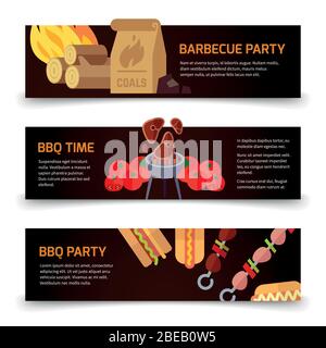 Horizontal banners for Internet and web. Barbecue, hamburgers and charcoal wood icons on black background. Vector illustration Stock Vector