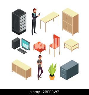 Set of office isometric icons. Server rack, table, armchair, computer, table, cupboard and some office people. Flat vector illustration Stock Vector
