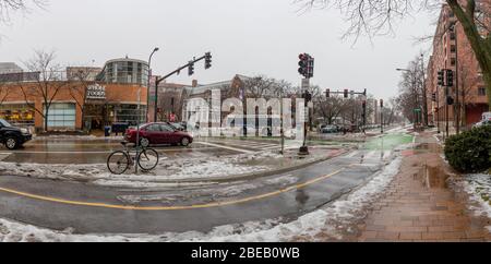 Snowy Day Downtown Evanston Illinois Stock Photo