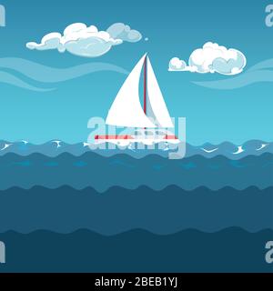 Sea illustration. White sail boat on small waves ocean vector Stock Vector