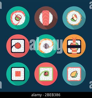 Sushi and rolls vector icons. Longshadow flat illustration on dark background Stock Vector