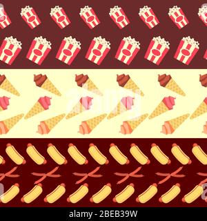 Fast food seamless borders collection - ice cream. Hot dogs and popcorn texture . Vector illustration Stock Vector