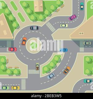 Urban cars seamless texture. Vector background. Road intercharge with cars. Transportation highway junction illustration Stock Vector