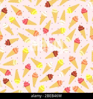 Pastel colors flat ice cream on polka dot seamless pattern. Vector illustration Stock Vector
