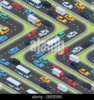 Urban cars seamless texture. Isometric roads and car traffic. Seamless pattern with transport city, vector illustration Stock Vector