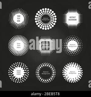 Abstract round dotted banners - halftone labels set on chalkboard. Halftone stain and dotted round emblem template. Vector illustration Stock Vector