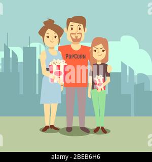 Cartoon happy family with popcorn on city landscape. Vector illustration Stock Vector