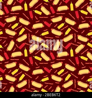 Fast food seamless pattern - hot dog sausage ketchup and mustard seamless texture. Vector illustration Stock Vector