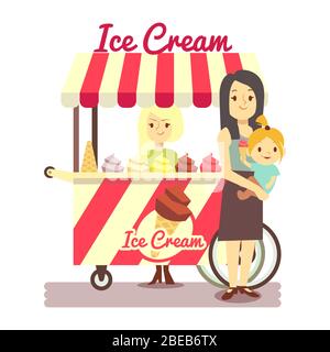 Young girl sells ice cream and mother with baby girl with ice cream isolated on white background. Vector illustration Stock Vector