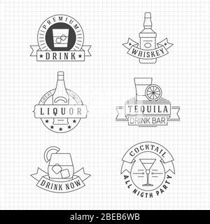 Alcohol drinks thin line emblems on notebook page. Alcohol label and emblem linear whiskey and tequila. Vector illustration Stock Vector