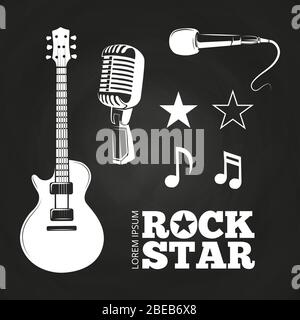 Rock star or musician elements set on blackboard. Vector illustration Stock Vector