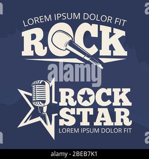 Rock star music labels on grunge backdrop. Retro emblem, vector illustration Stock Vector