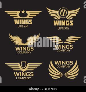 Vector golden wings logo on black backdrop. Collection of wings. Vector illustration Stock Vector