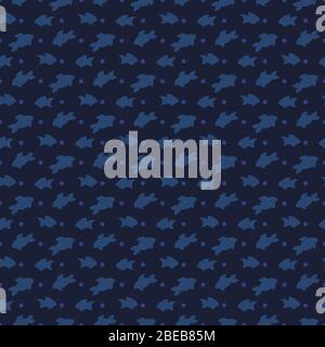 Blue fishes silhouettes seamless pattern design - sea or ocean seamless texture. Vector illustration Stock Vector