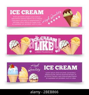 Colorful ice cream banners template set. Ice cream sweet food banner card, vector illustration Stock Vector