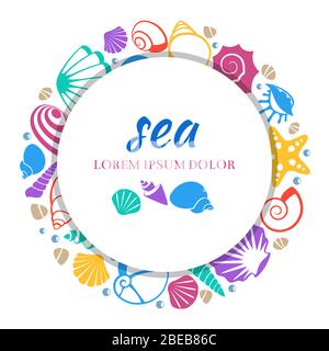 Sea round banner design - colorful seashells concept. Seashell and starfish, color exotic cockleshell, vector illustration Stock Vector