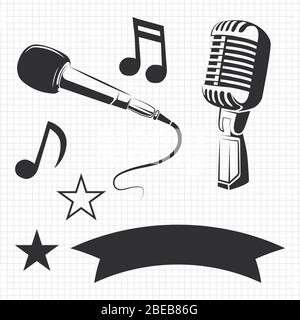 Modern and retro microphones and music details for labels on notebook page. Vector illustration Stock Vector