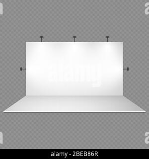 Blank white trade show booth with lighting isolated on transparent background. Empty show studio interior illuminated with screen for photography. Vector illustration Stock Vector