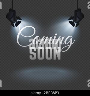Coming soon concept with spotlights on stage isolated vector illustration Stock Vector