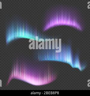 Northern aurora lights strips isolated on transparent background. Northern aurora borealis bright colorful in sky, vector illustration Stock Vector