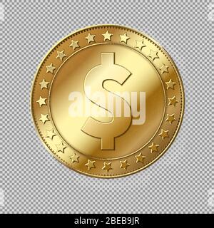 Realistic 3d gold dollar coin isolated on transparent background. Vector illustration Stock Vector