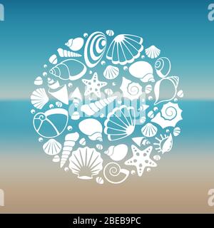 White seashell silhouette round concept. Graphic summer marine, vector illustration Stock Vector