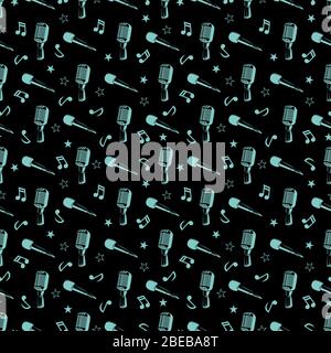 Musical seamless pattern - music notes, stars and microphones seamless texture. Vector illustration Stock Vector