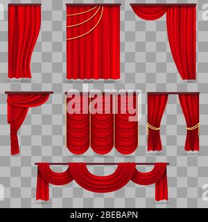 Realistic red velvet stage curtains, scarlet theatre drapery isolated on transparent background. Curtain velvet red color for decoration theater interior. Vector illustration Stock Vector