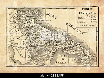 Ancient map of  Apulia and Basilicata regions of the Southern part of Italy facing the Adriatic and the Jonian seas with geographical Italian names and descriptions Stock Photo