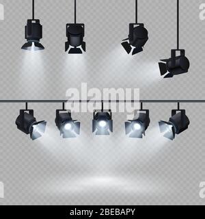Spotlights with white light collection isolated on transparent background. Spotlight for show, bright beam from projector, vector illustration Stock Vector
