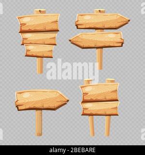 Vector cartoon wooden blanks isolated on transparent background. Set of wooden sign board and blank plank panel illustration Stock Vector